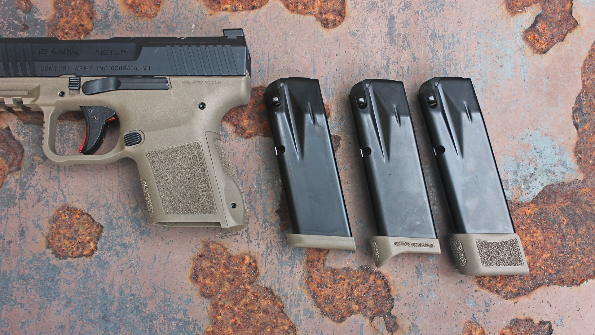 side-by-side magazine comparison parts gun pistol rusty background