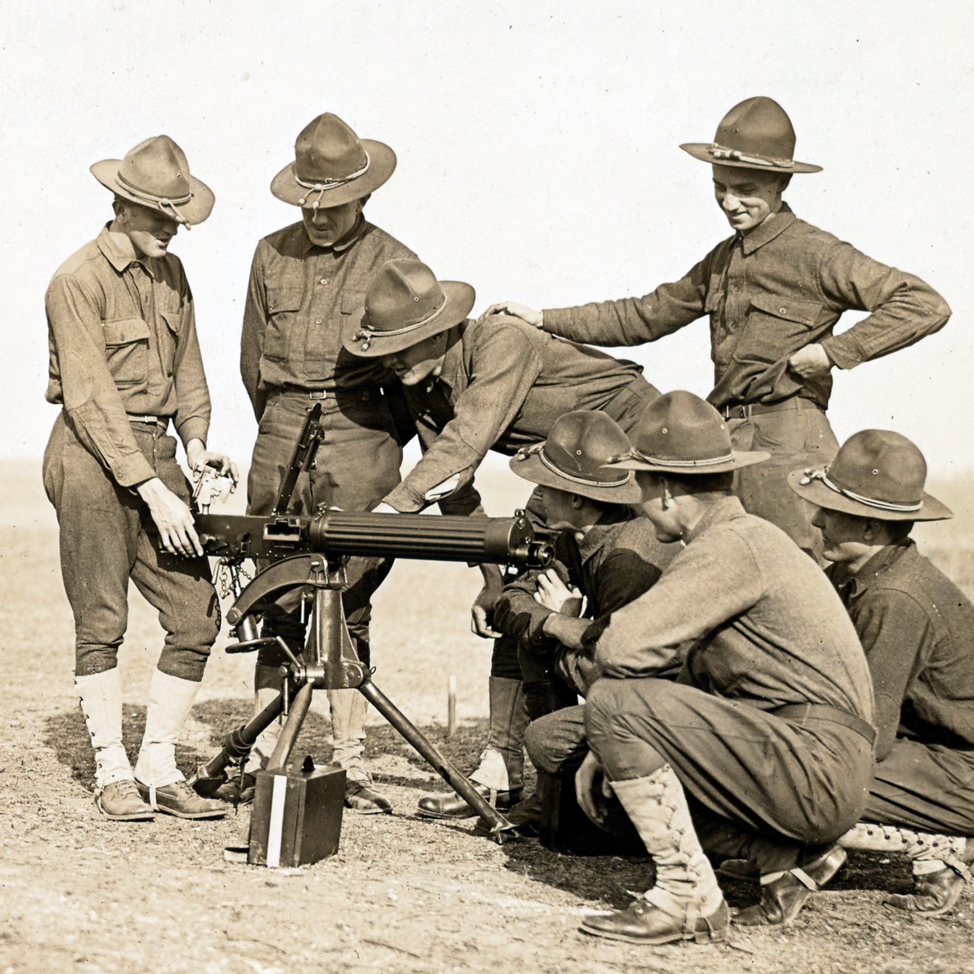 The Vickers Machine Gun was the predominant forward-firing firearm on most Allied combat aircraft. The Colt-made U.S. M1915 Vickers .30-cal. was used for training in the U.S., and many of the aircraft guns were used by both French and American squadrons. This is a standard infantry gun, seen at Ellington Field near Houston, Texas, during the summer of 1918. N.A.R.A. photograph.