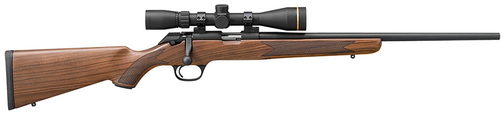 Springfield Armory Model 2020 Rimfire right right-side view wood stock model shown with black leupold riflescope on white background