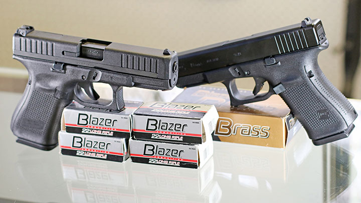 At current ammo prices, the Glock 44 .22 LR (left) should pay for itself in less than 800 rounds with the savings of .22 LR ammunition over the price of 9 mm Luger, such as that used by the Glock 19 (right).