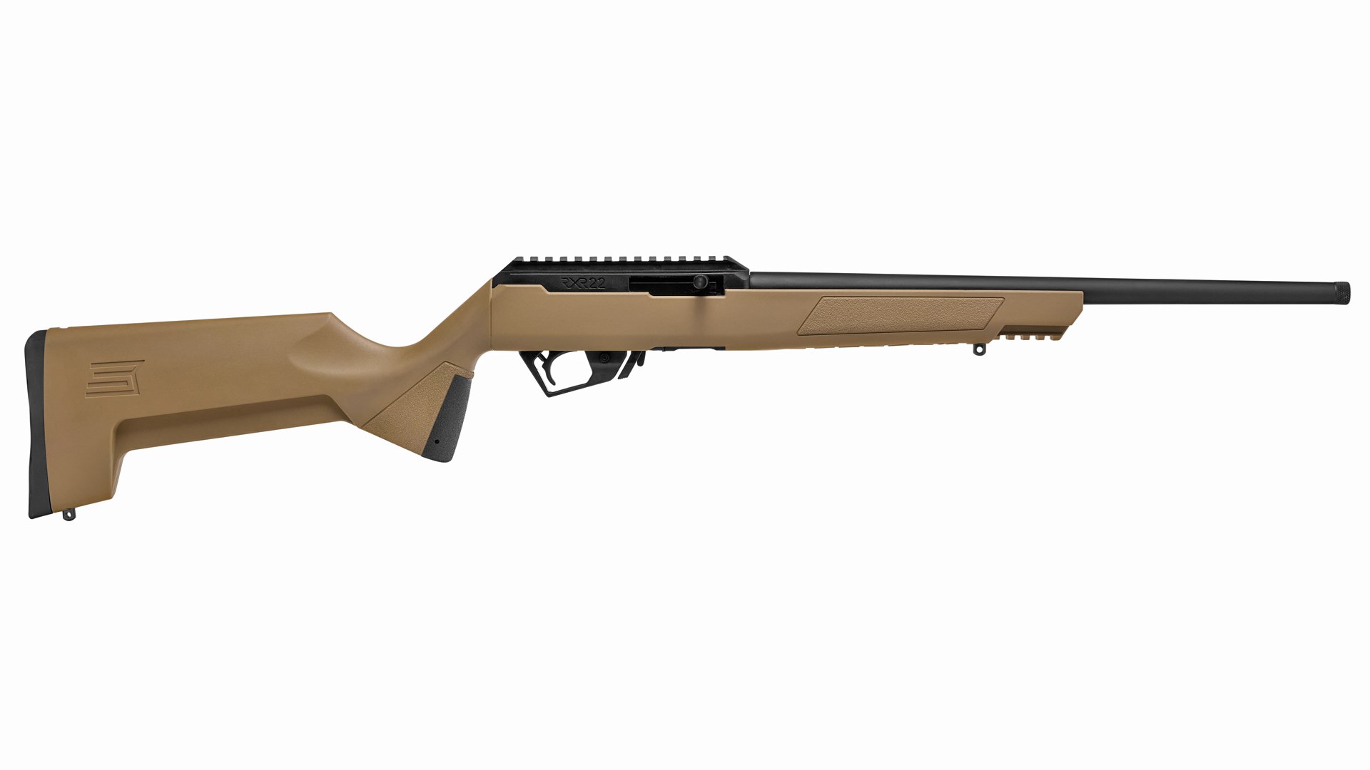 Right side of the flat dark earth colored Savage Arms RXR22 rifle.