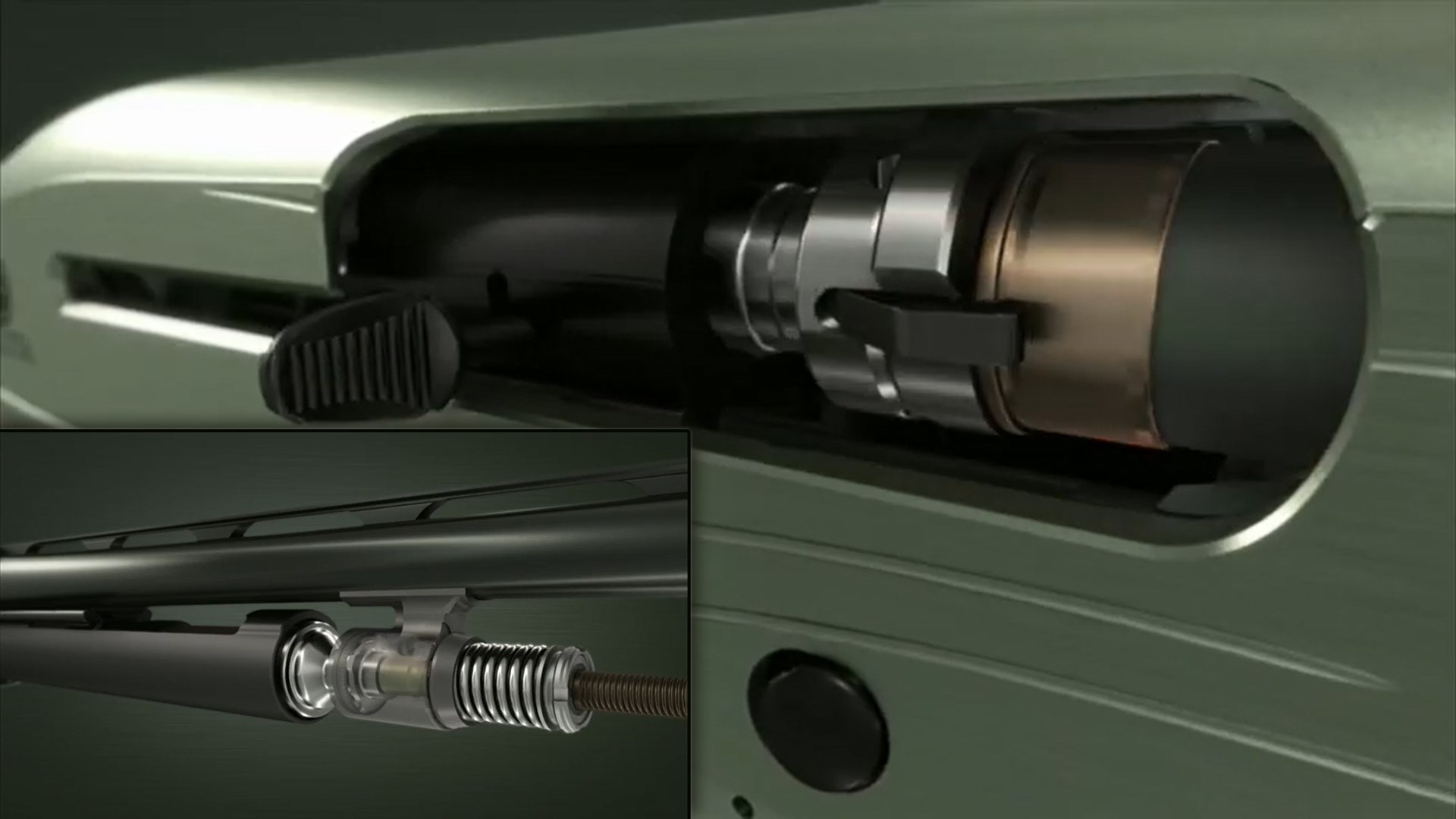 Beretta B-Link Gas system illustration right-side shotgun receiver shell extracting rotating chrome bolt inset image of gas piston