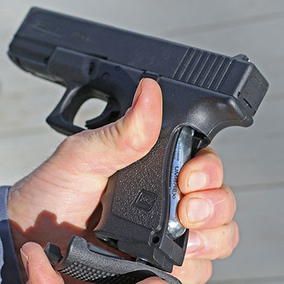 The backstrap of the Umarex Glock 19 Gen 3 BB pistol contains a hex wrench that is used to secure the CO2 cartridge into place.