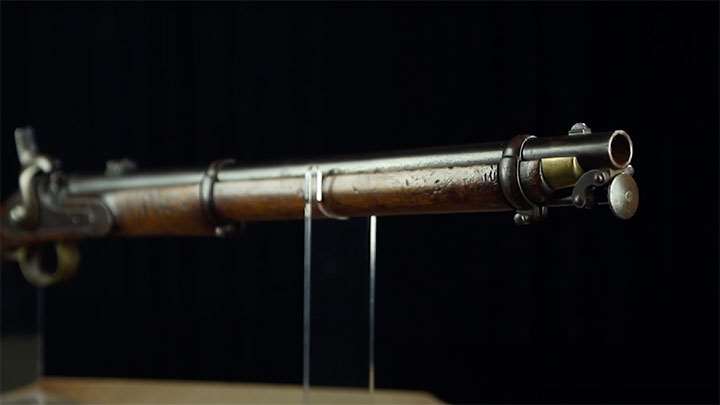 A view of the shortened 21&quot; barrel, two bands and captive ramrod on the Pattern 1856 Cavalry Carbine.