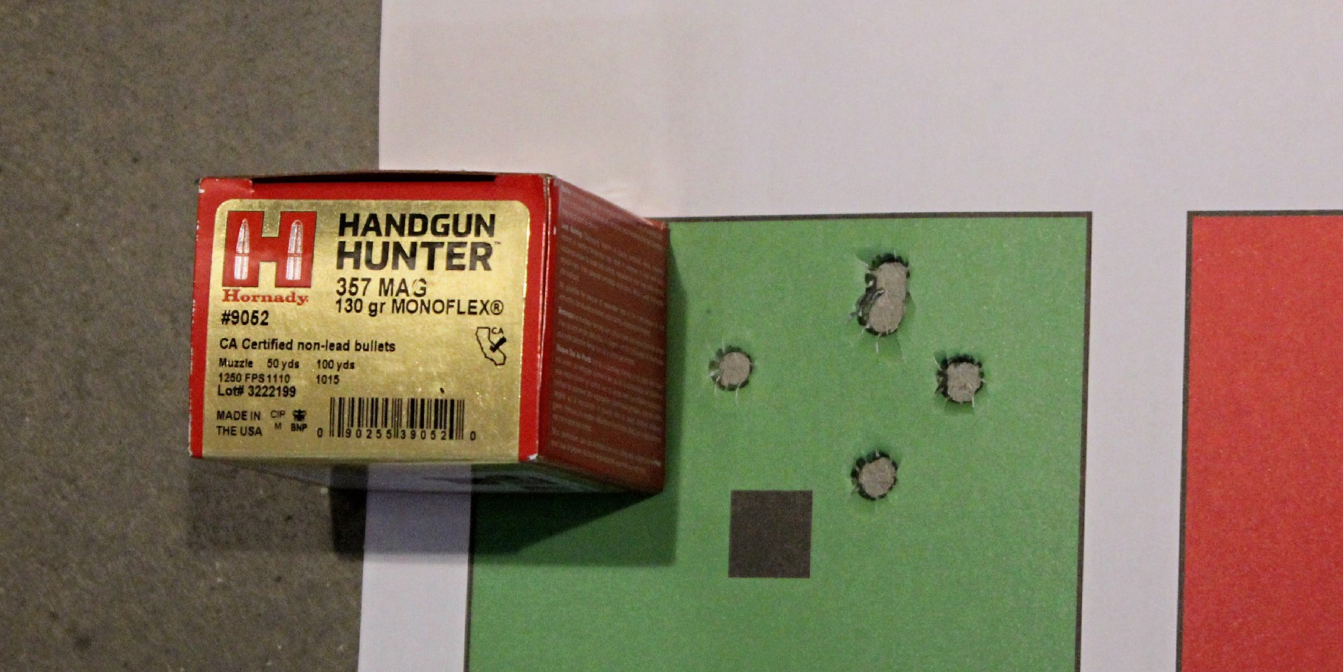 Hornady Handgun Hunter ammunition box target holes shooting accuracy results