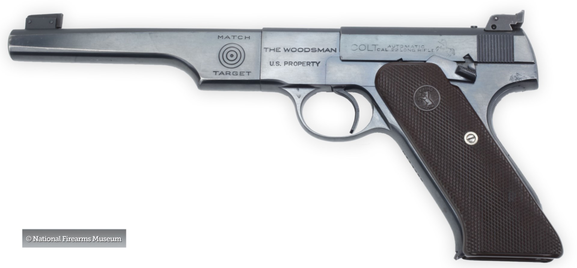 Colt Target Woodsman handgun pistol left-side view nra museum stamp
