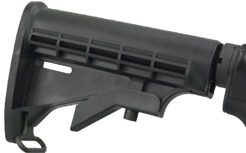 Black plastic buttstock for rifle.