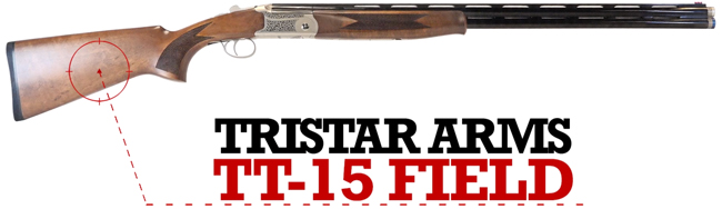 Right-side view of TriStar Arms TT-15 Field 28-ga. shotgun on white background with black and red text of make and model.