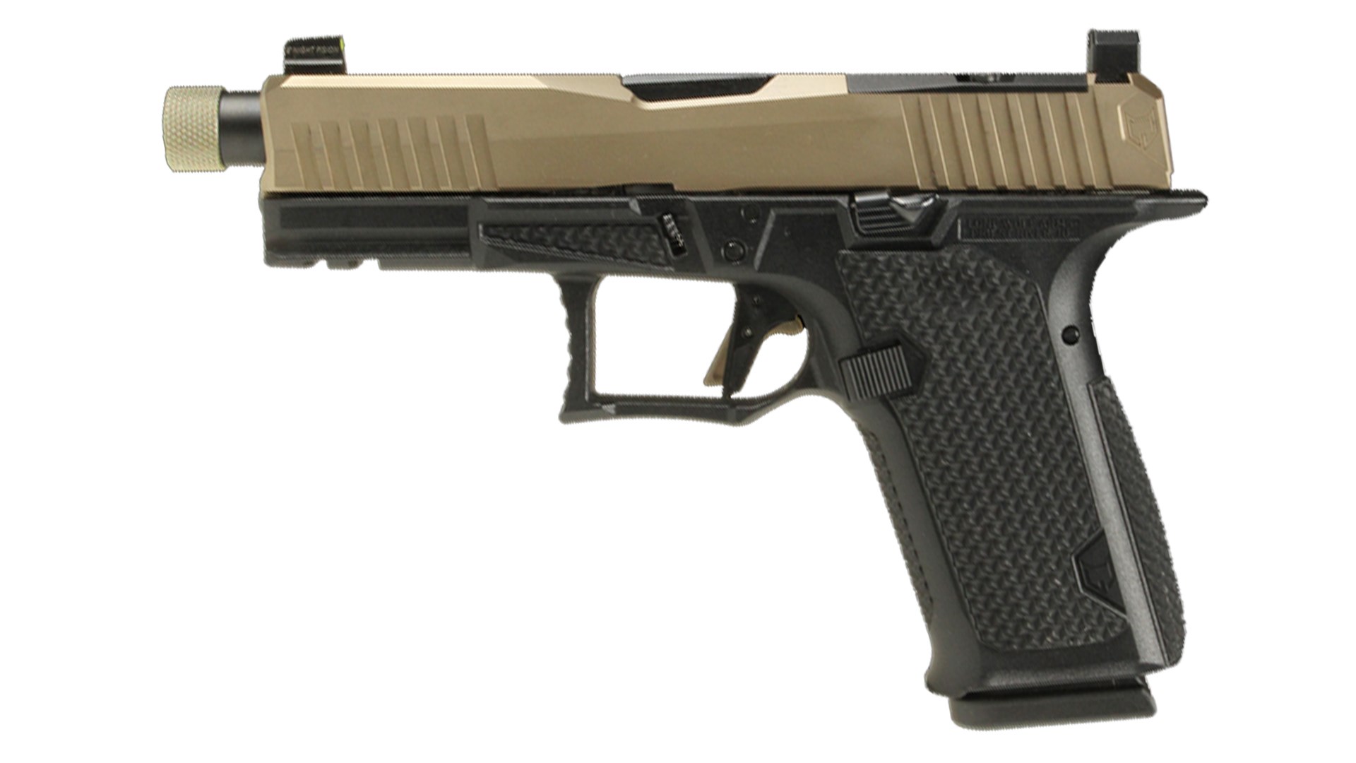 A two-tone version of the Lone Wolf Arms DUSK 19 shown with suppressor-height sights and a threaded barrel.