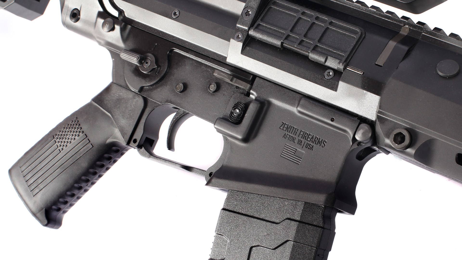 Zenith Firearms MRDS right-side closeup gun rifle receiver stamping black metal plastic american flag embossed grip