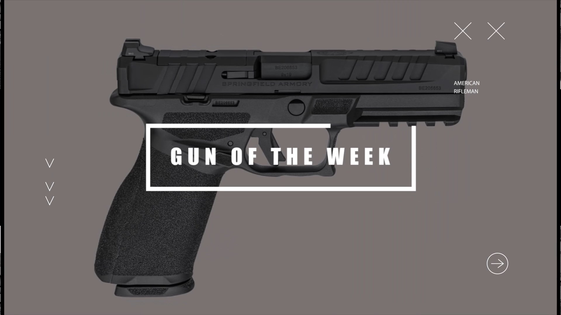 GUN OF THE WEEK title screen text on image overlay gun pistol springfield armory echelon 9mm american rifleman x