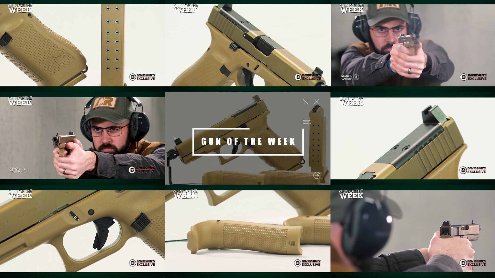 GUN OF THE WEEK txt on image tiles 9 images arrangement man shooting brown glock g19x mos threaded 9 mm pistol