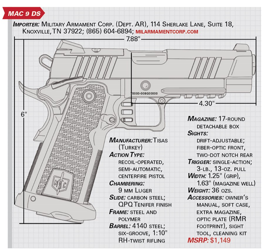 MAC 9 DS specs graphic gun pistol right-side view drawing specifications