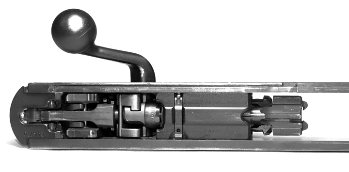 Underside view of Blaser R8 bolt shown on white background.