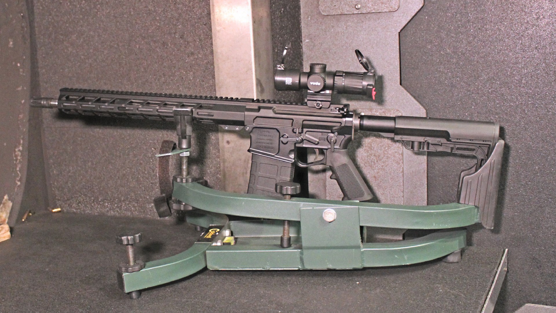 POF-USA LMR Base rifle left-side view in shooting rest on bench indoors