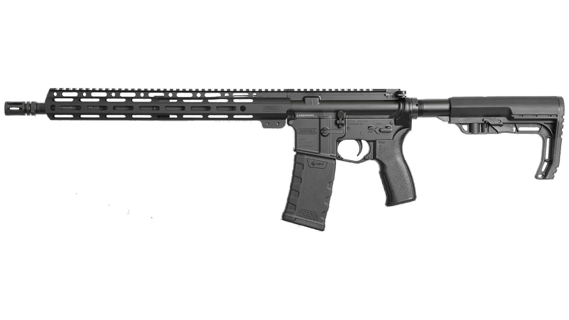 Left side of the Bersa BAR15 rifle with Mission First Tactical furniture.