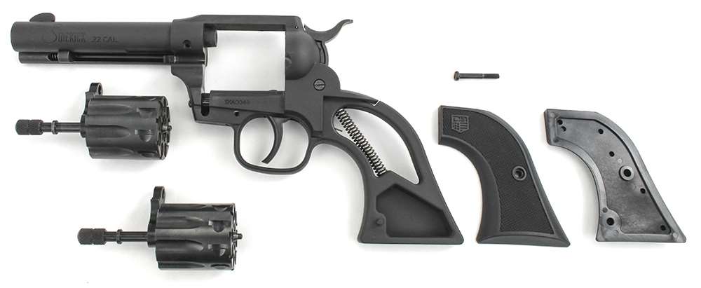 Diamondback Sidekick disassembled left-side view gun revolver black metal parts internal spring cylinder grip