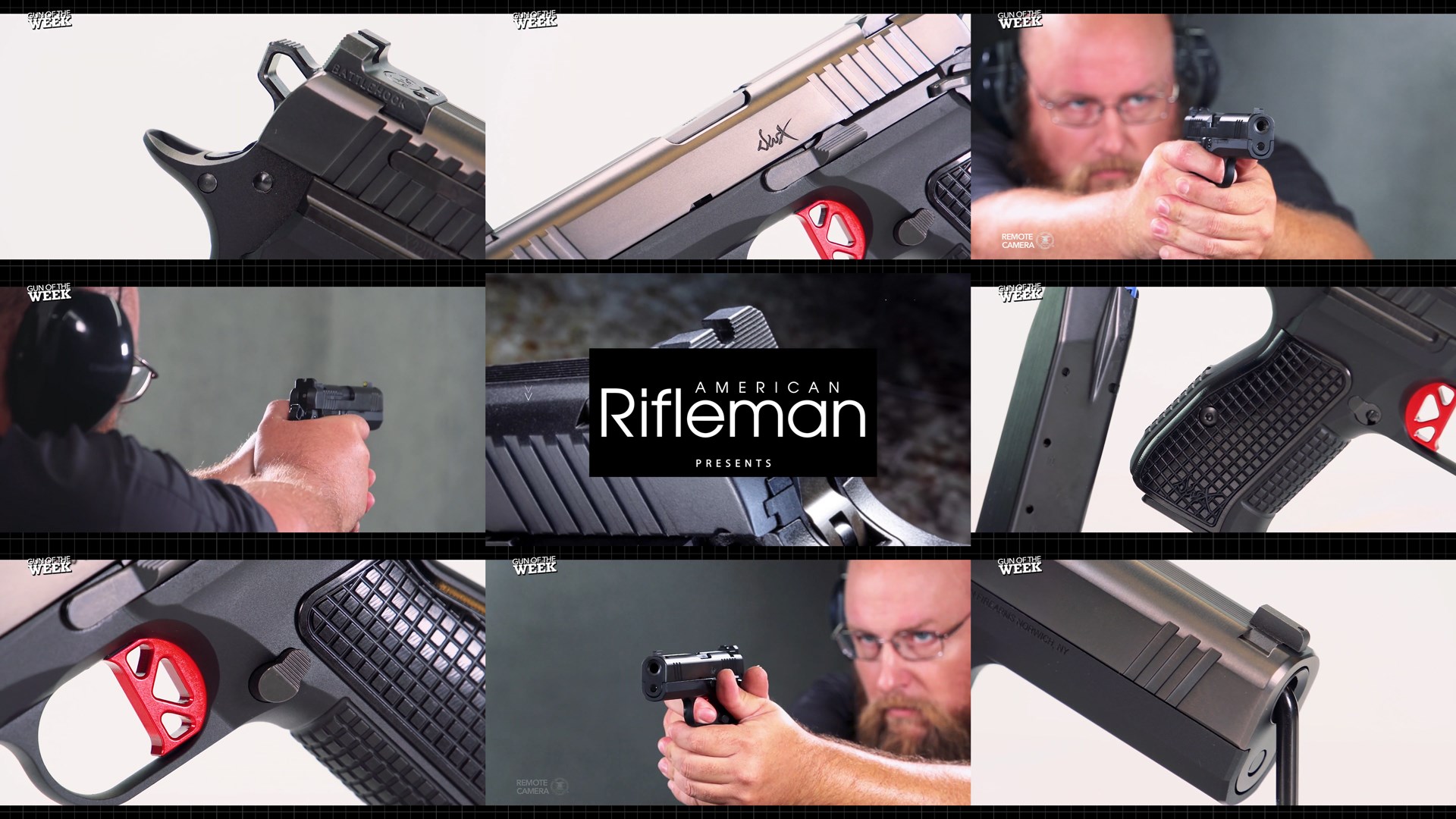 GOTW American Rifleman text center tile 9 images arrangement gun detail closeup men shooting pistol