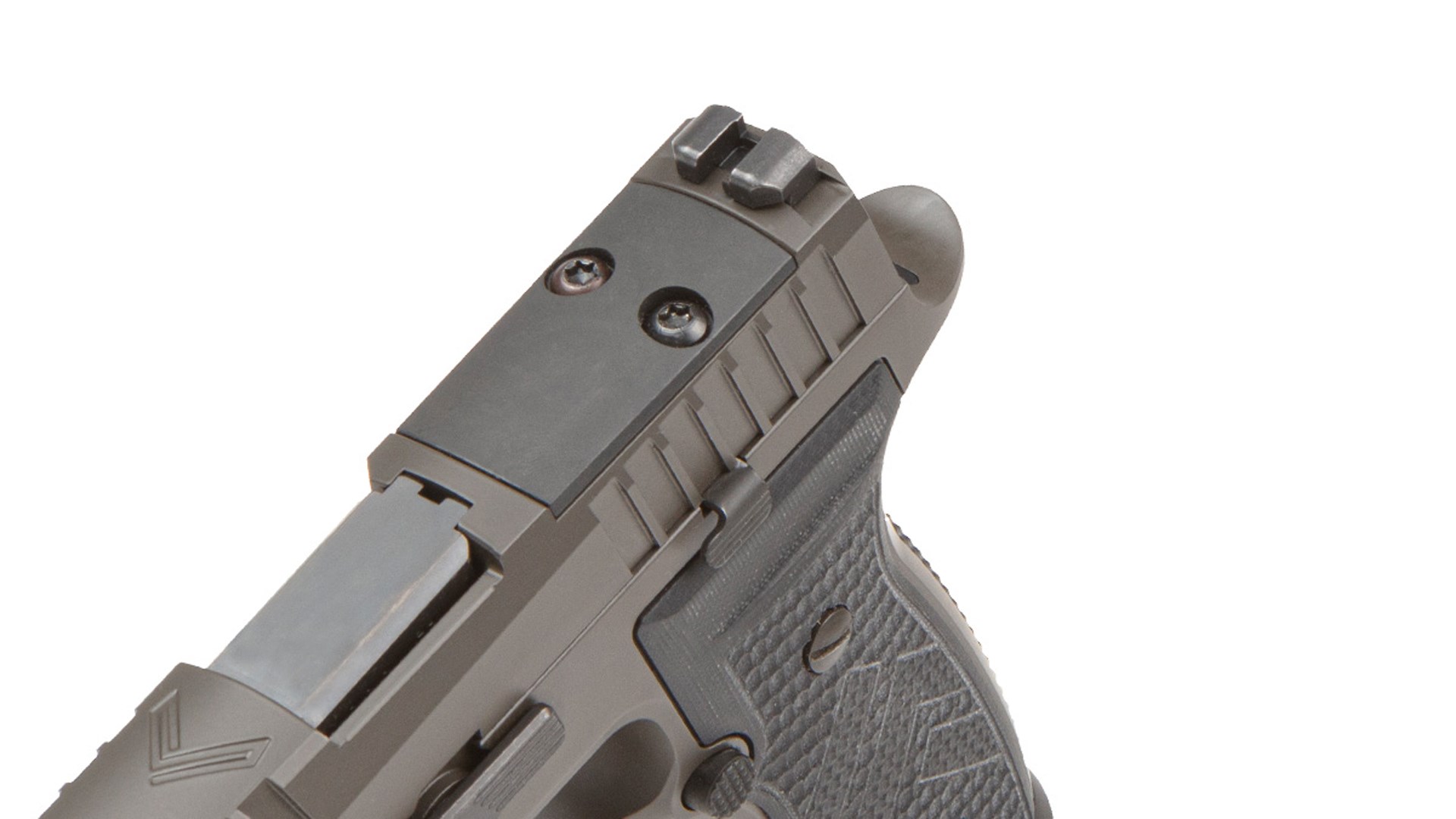The cover plate for the red-dot mounting slot on top of the SIG Sauer P320-AXG Legion's slide.