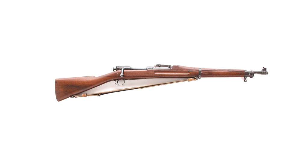 right side bolt-action rifle wood stock leather sling black metal