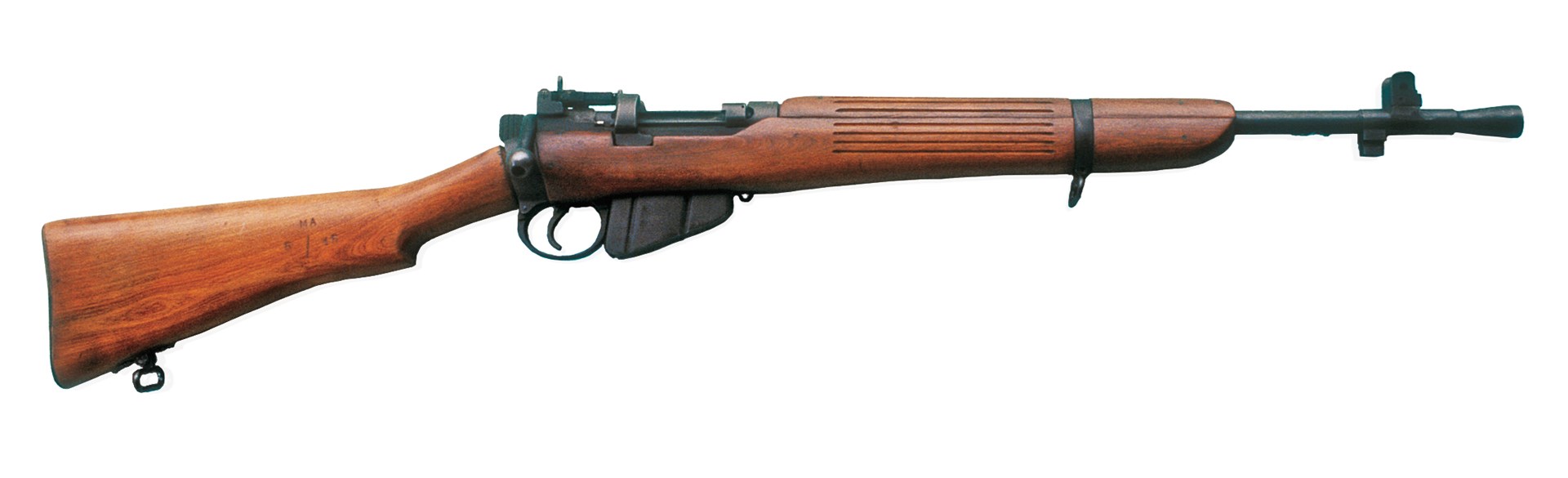 The Australian “No. 6” rifle was based on the Lithgow-made No. 1, Mk. III* action but otherwise resembles the British No. 5 “Jungle Carbine.” It has a flip-up aperture rear sight at the rear of the receiver. There were only 200 No. 6s produced in two marks, Mk. I and Mk. I/I. This Mk. I example was made in May 1945.