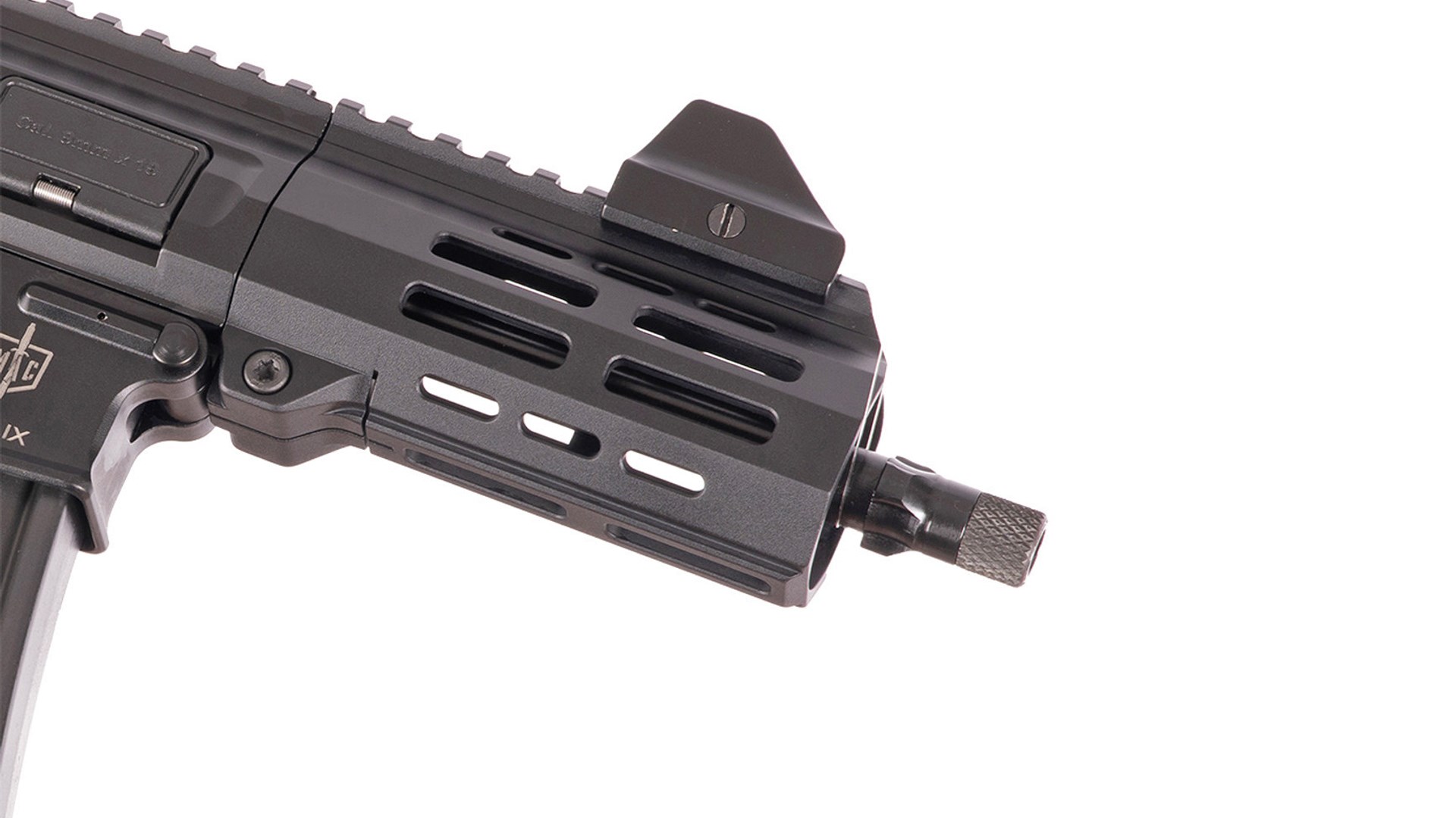Right side view of the muzzle and handguard of the SDS Imports MAC IX pistol.