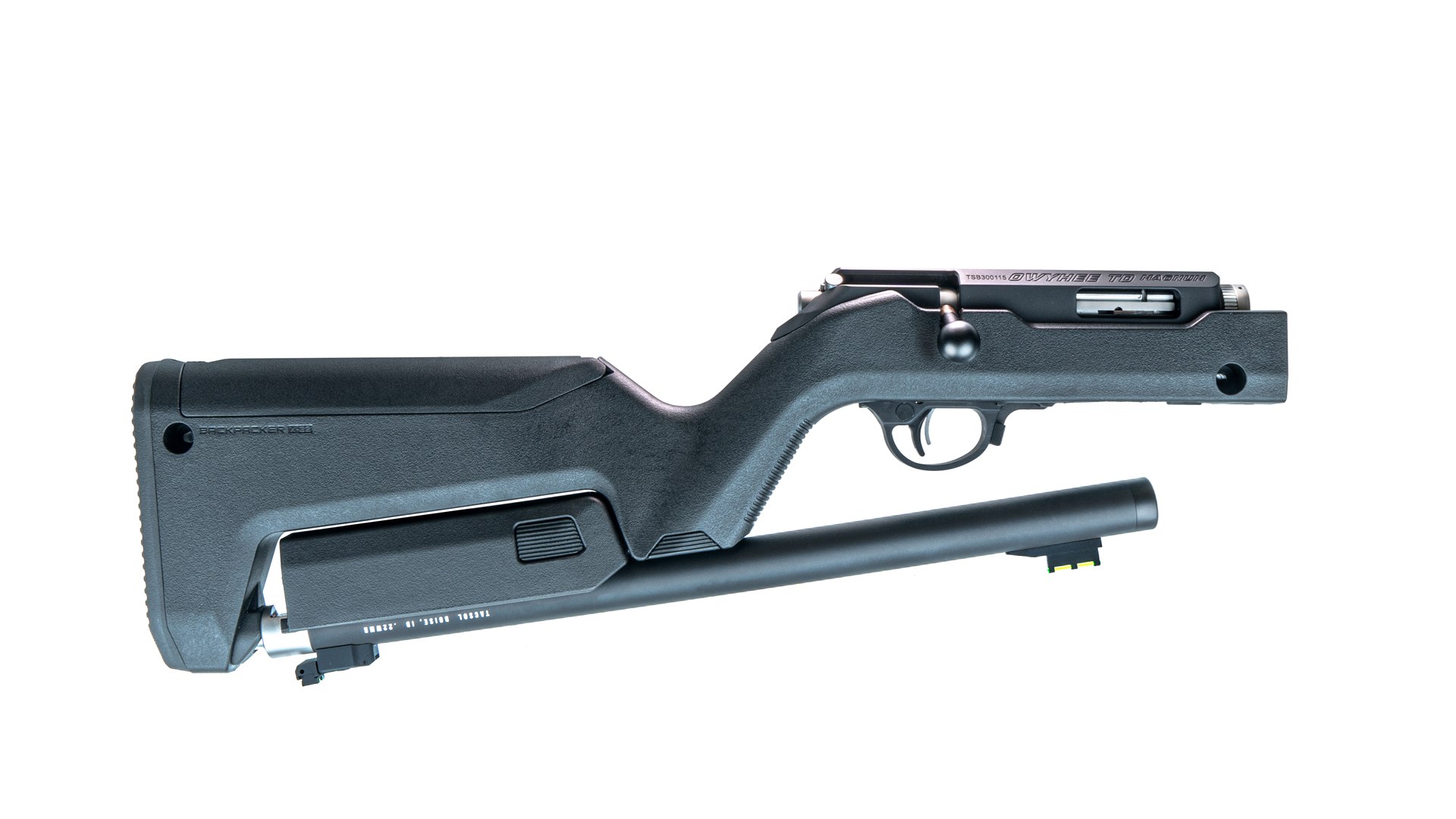Right side of the Tactical Solutions Owyhee Magnum shown in its takedown configuration.