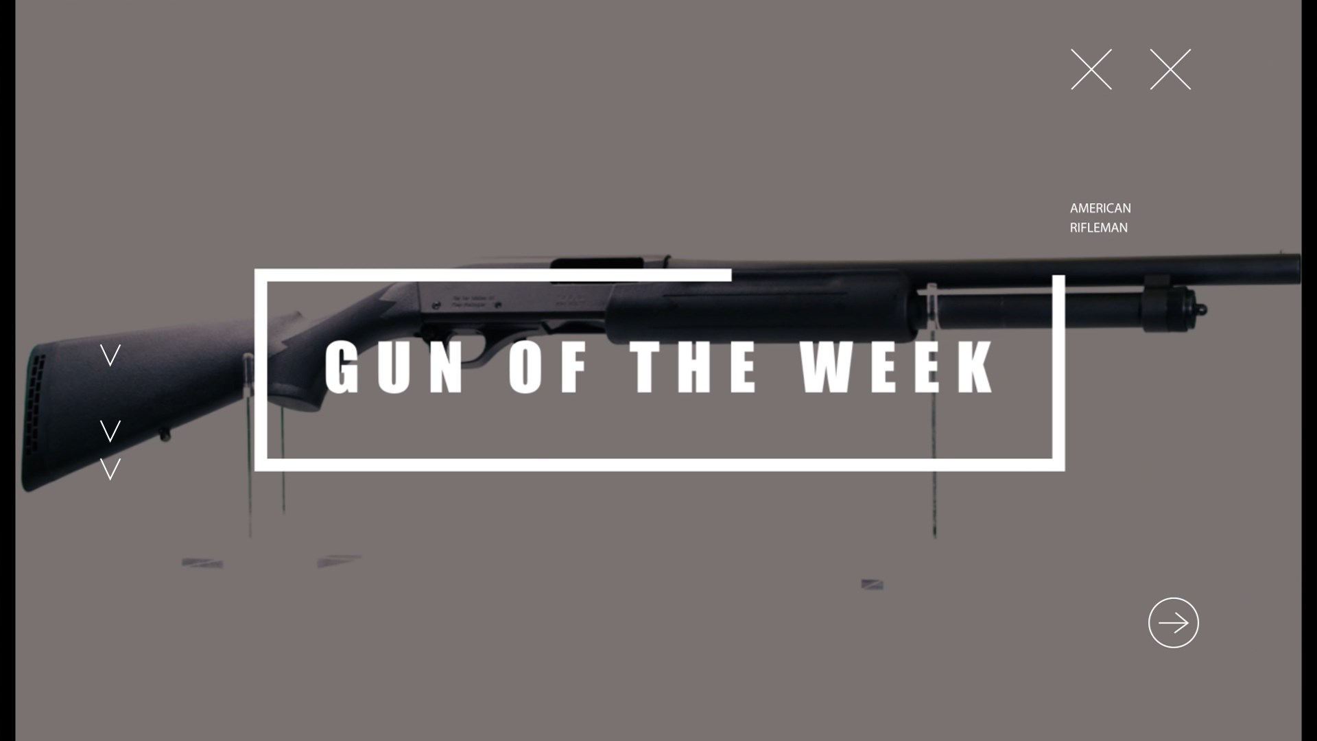 GUN OF THE WEEK video title screen text overlay box white lines letters X right-side view background blue line 12 gauge pump-action shotgun