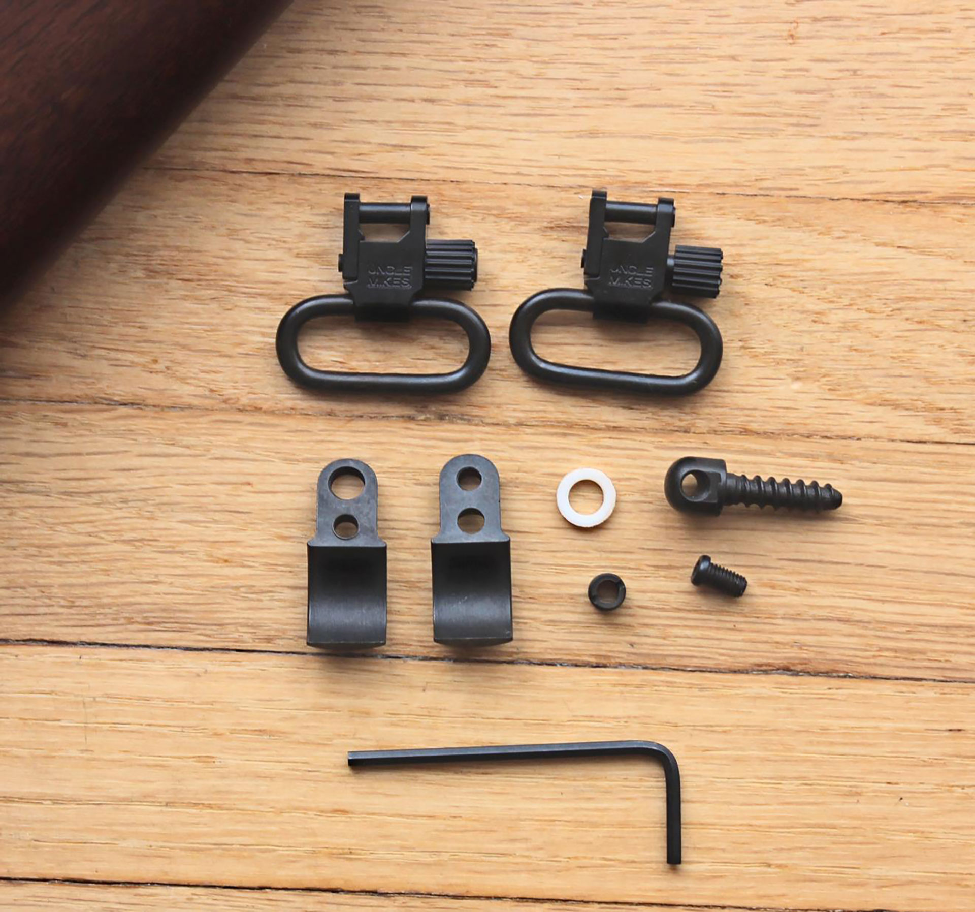 The Uncle Mike’s sling mounting kit includes and Allen key and a pair of 1” sling swivels.