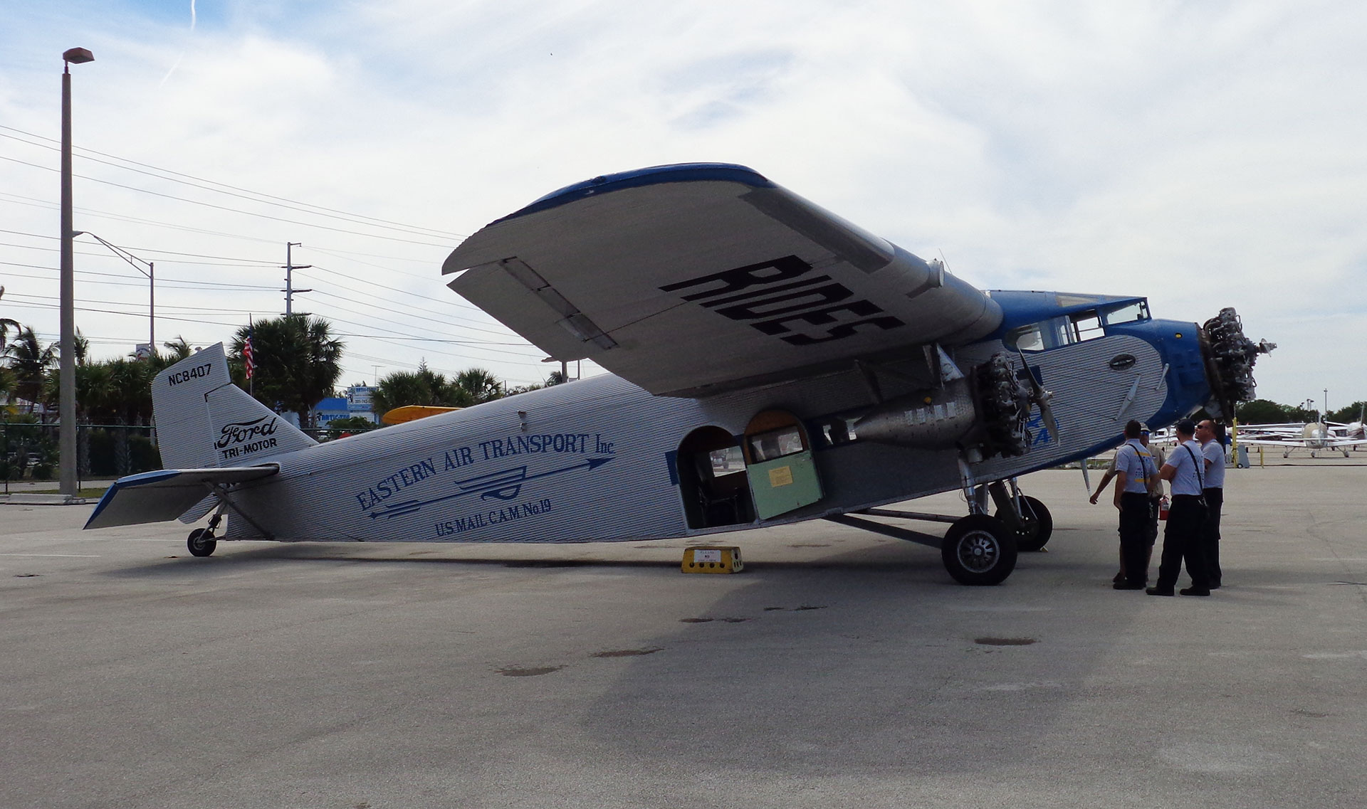 (Ford Tri-Motor) The only known surviving aircraft that Donald Coates flew is a restored Ford Tri-Motor (NC 8407), seen here on a visit to the Florida Keys in 2017.  A placard inside the aircraft’s door notes that it was the primary plane in the Cuban national airlines in the early 1930s.