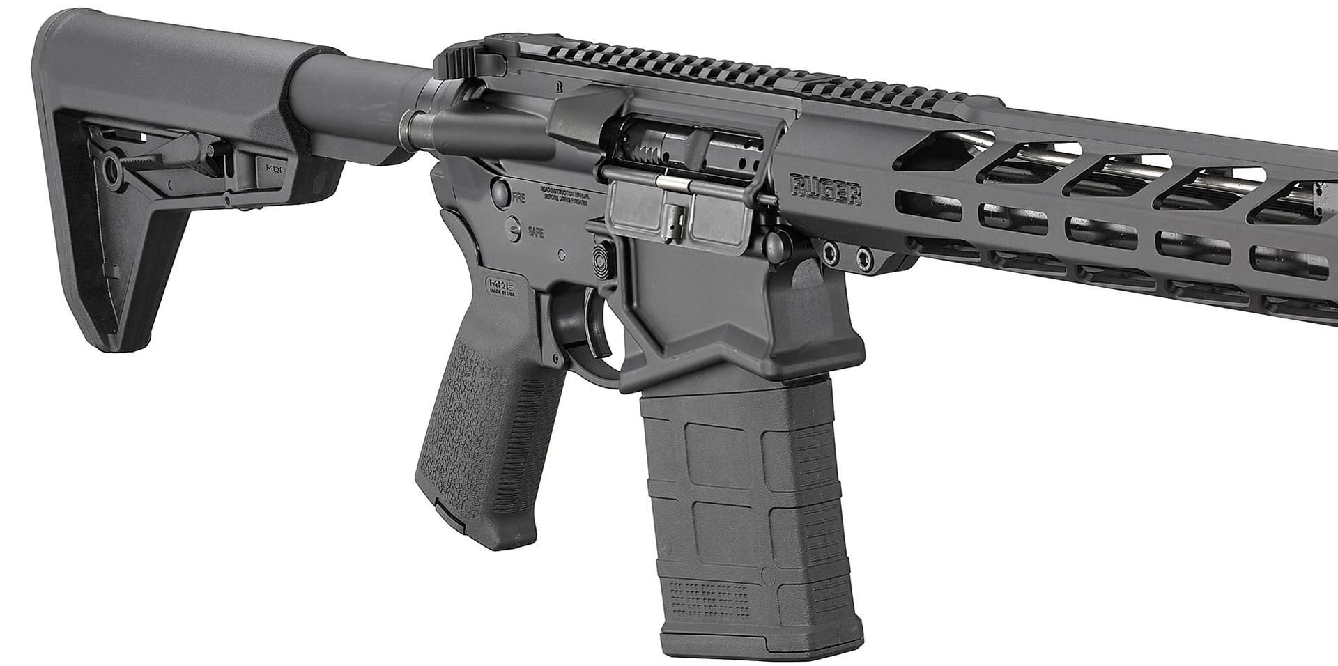 Ruger SFAR semi-automatic rifle quartering view black gun on white