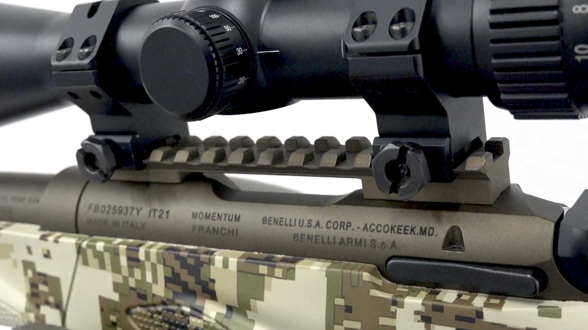 left-side close-up view bolt-action Franchi USA Momentum Elite Varmint rifle hunting gun scope rail receiver camouflage.