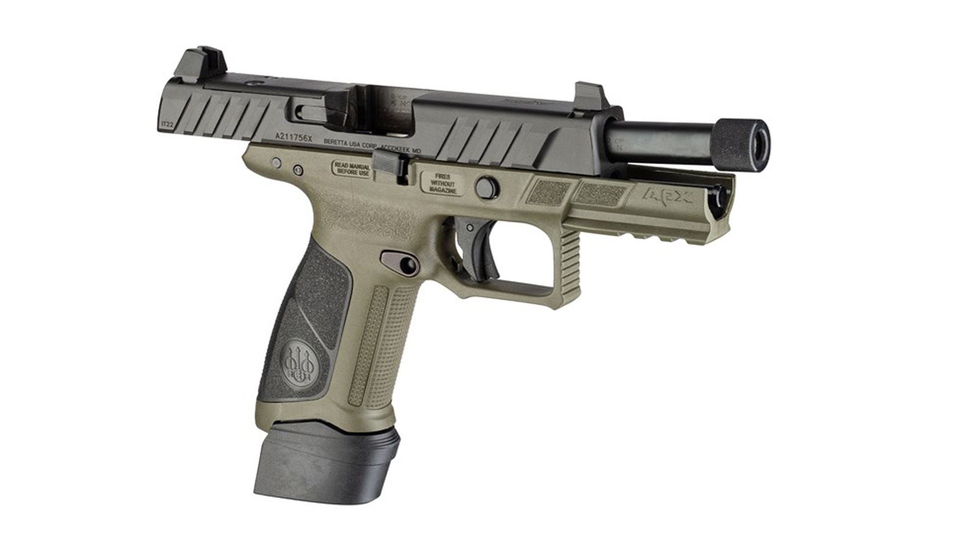 The right side of the Beretta APX A1 Tactical shown, with its slide locked back and an extended magazine installed.