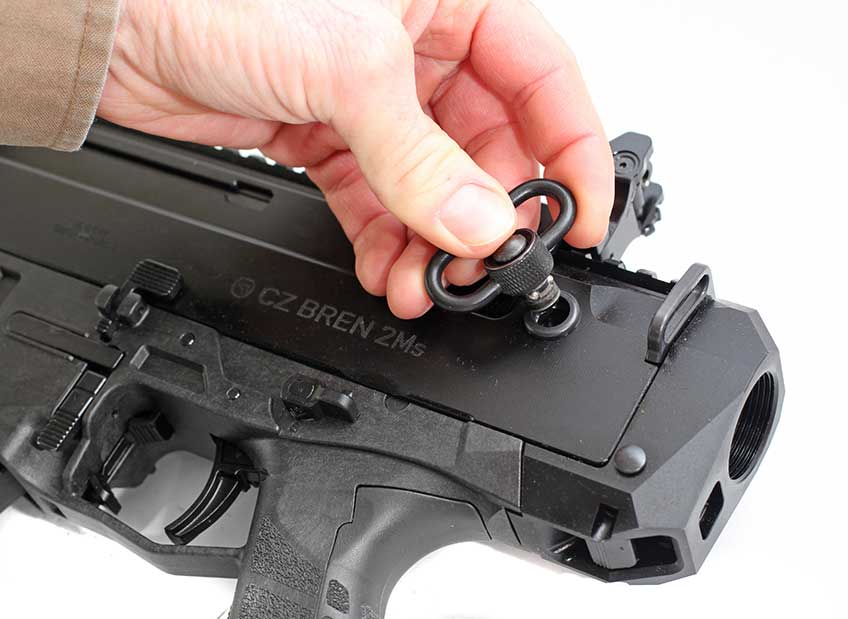 Rear sling mounts on the CZ Bren 2 Ms include a metal 1&quot; loop and a Magpul-type QD swivel socket on each side.