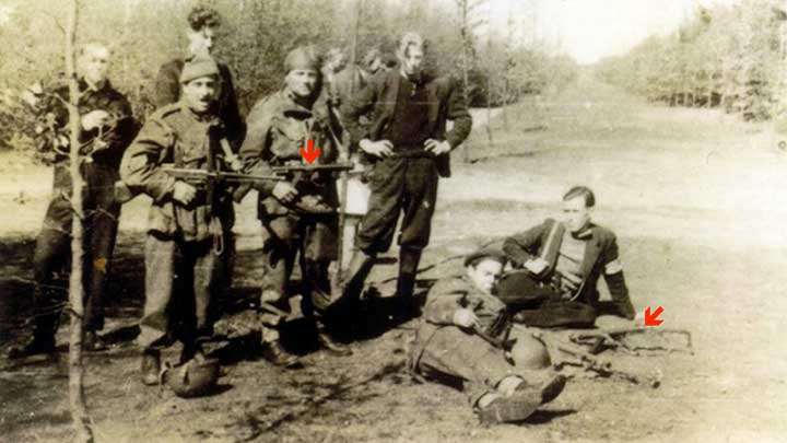 British SAS and Free French Soldiers in Holland during Operation Amhurst with Patchett submachine guns indicated with red arrows.