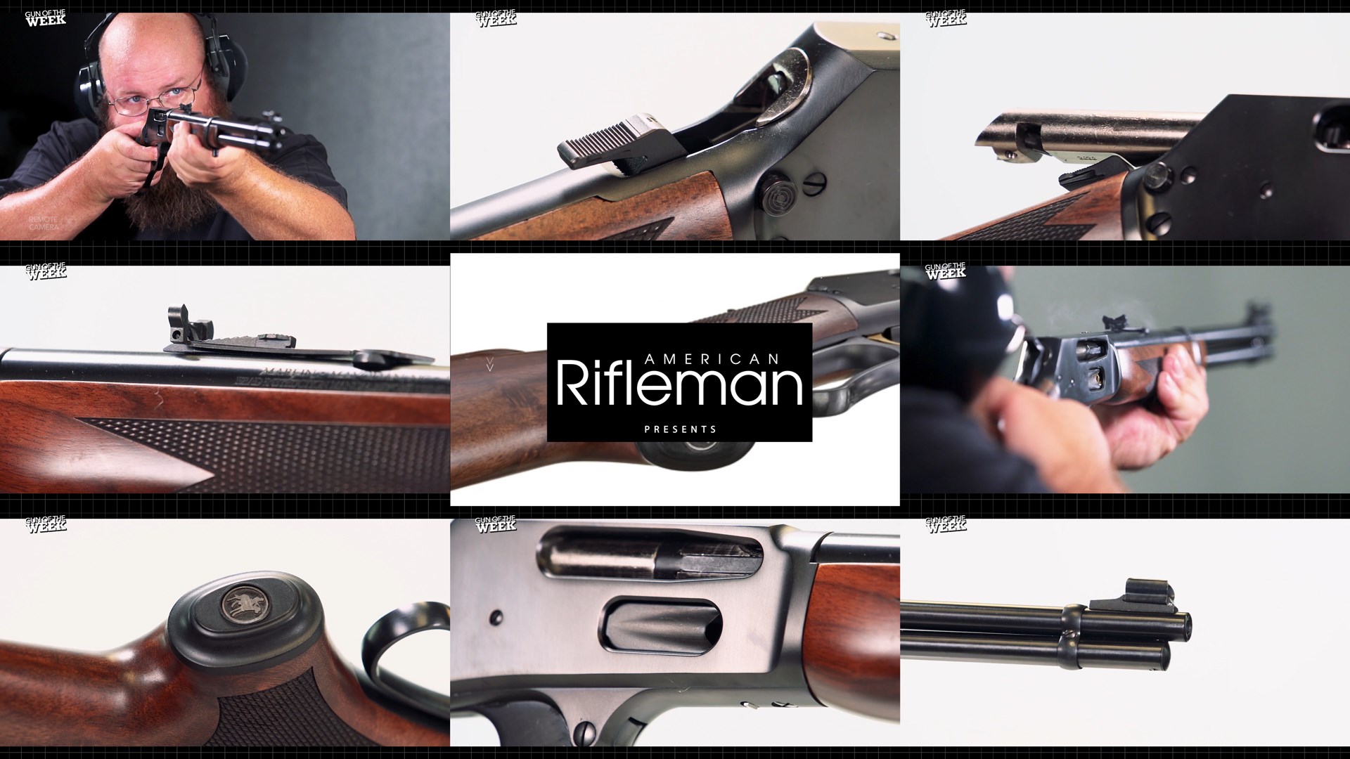 Nine images arrangement tiles showing American Rifleman staff shooting malin firearms model 336 classic lever-action rifle detail images inset