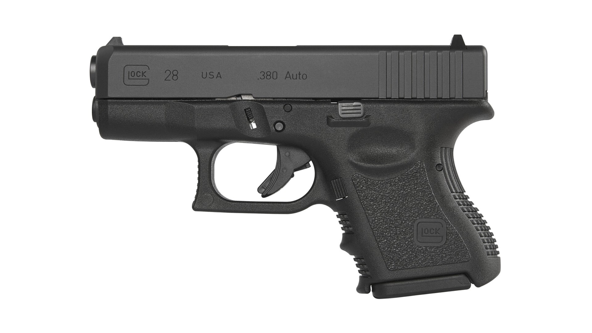 Left side of the all-black Glock 28 shown on white.