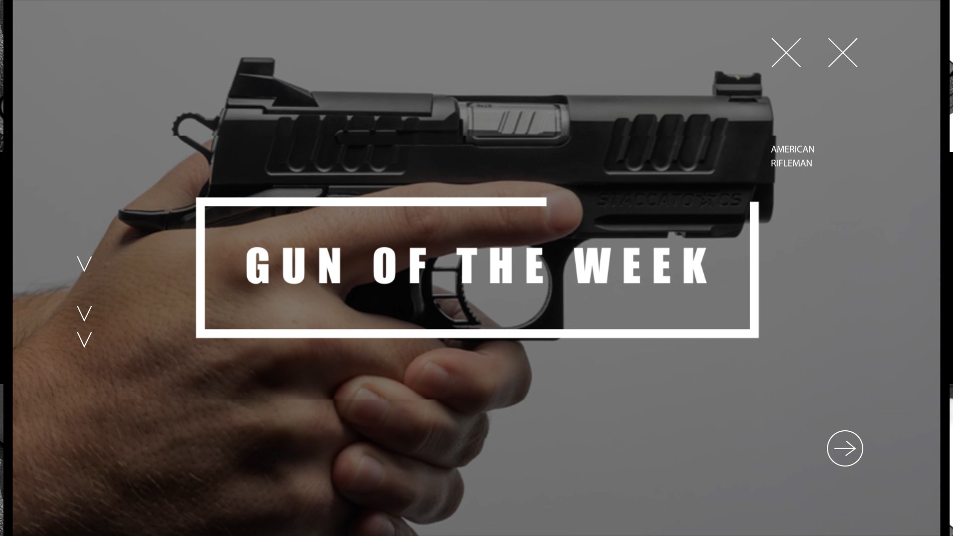 GUN OF THE WEEK video title screen hands holding black staccato cs pistol compact hybrid m1911 double-stack handgun point to right side text on image title