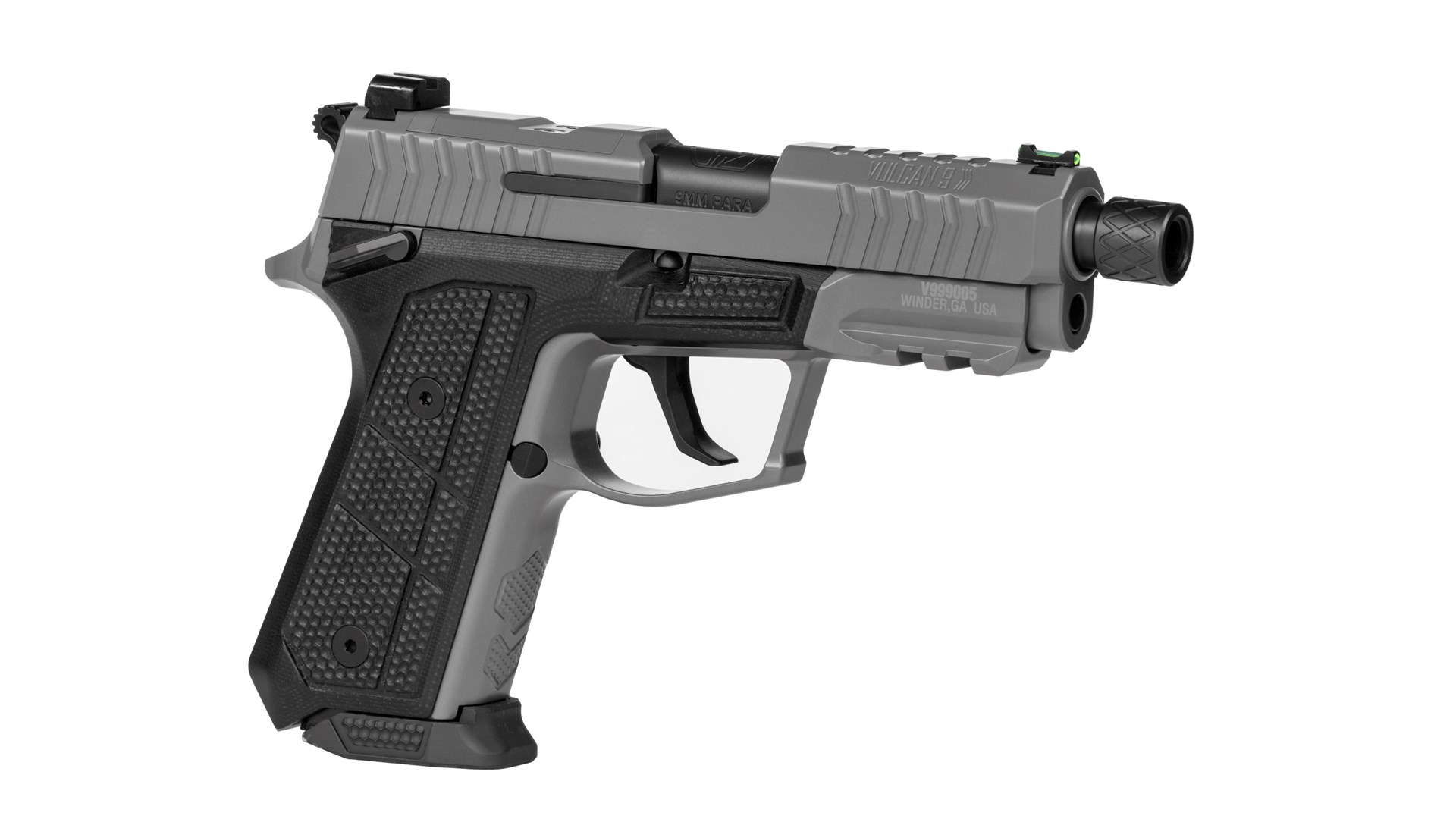 A gray-colored Lionheart Vulcan 9 shown with a threaded barrel.