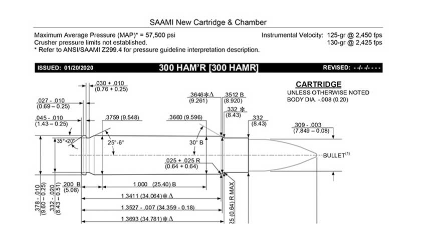 SAAMI specification drawing showing the dimensions of the 300 HAM&#x27;R cartridge.