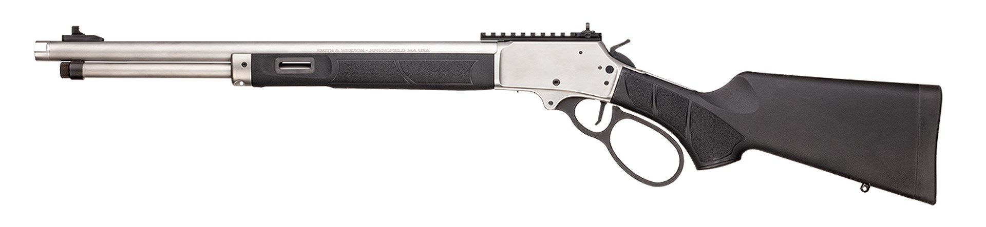 left-side view smith & wesson 1854 series stainless steel tactical lever-action rifle on white background