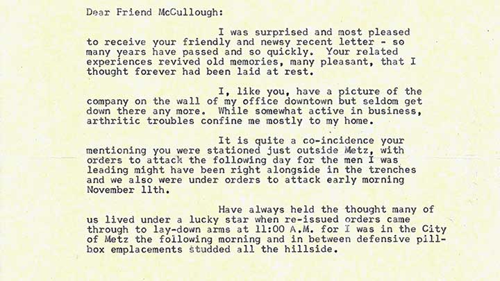 The first page of Capt. McKee&#x27;s response letter to Pvt. McCullough detailing his recollection of Nov. 11, 1918.