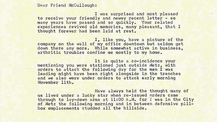 The first page of Capt. McKee&#x27;s response letter to Pvt. McCullough detailing his recollection of Nov. 11, 1918.