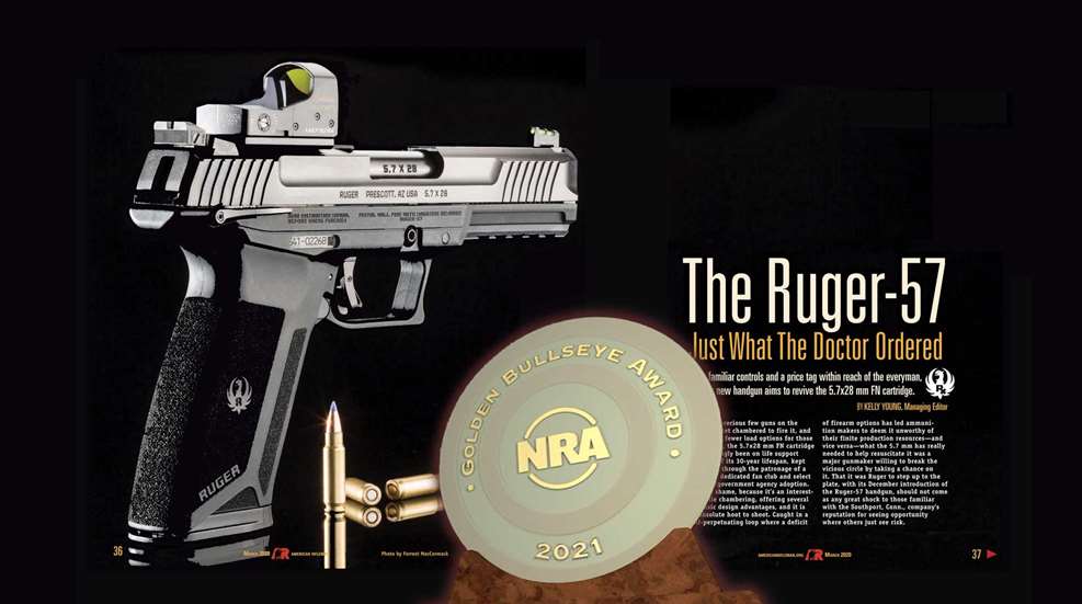 magazine article image exerpt centerfold gun award bullseye NRA gold ammo black handgun