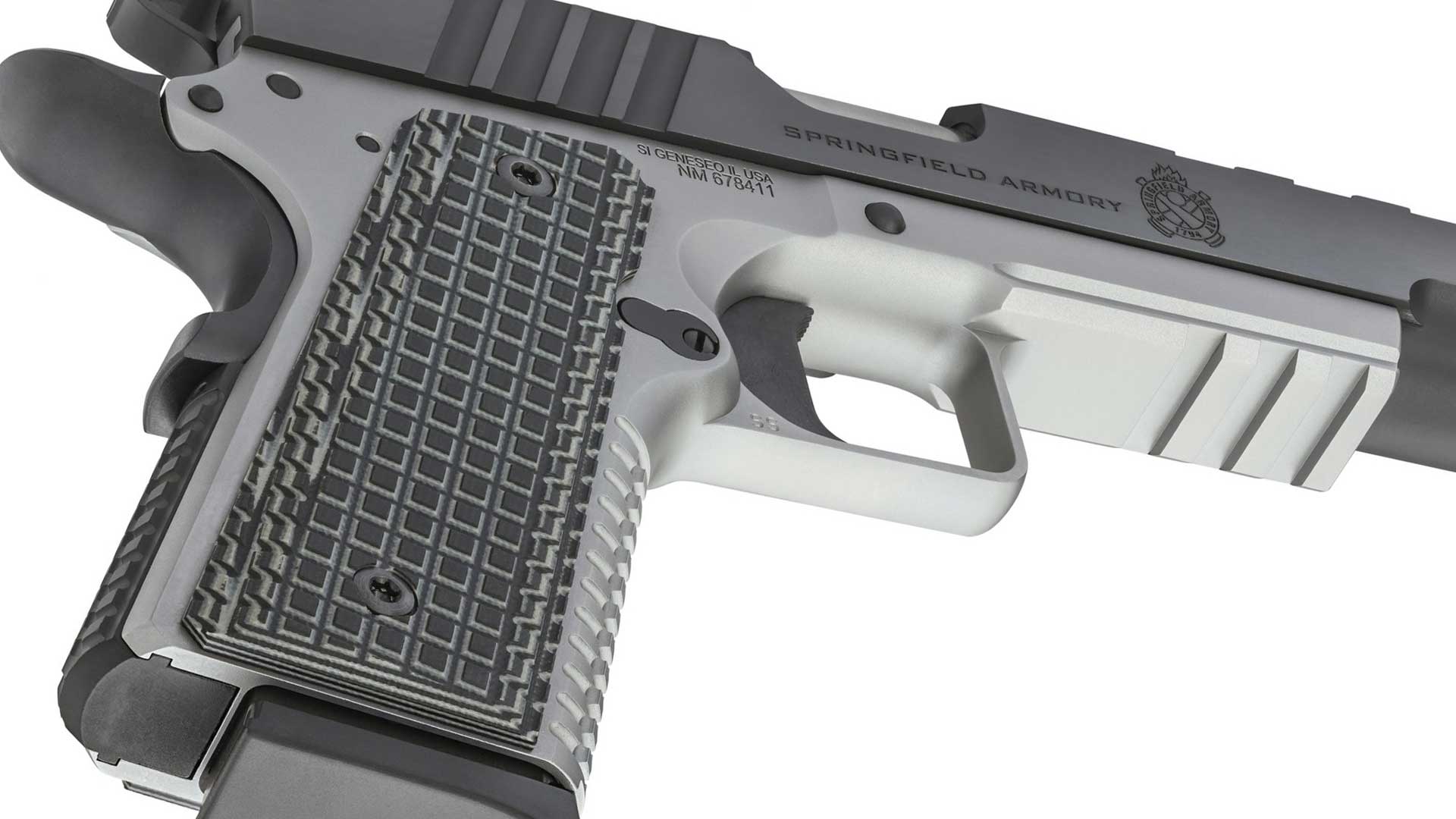black silver gun pistol handgun bottom view trigger grip frame stainless steel