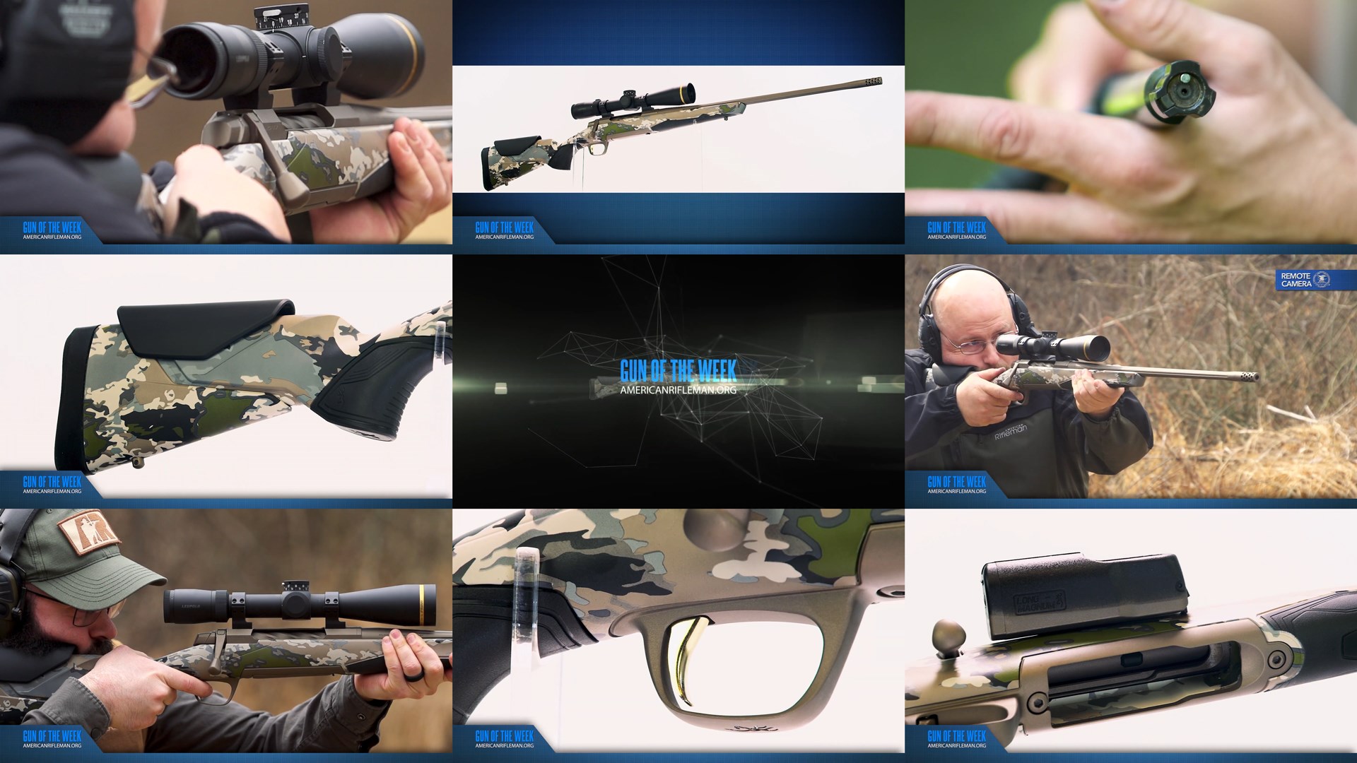 GUN OF THE WEEK: BROWNING X-BOLT 2 SPEED SPR video title mosaic tiles bolt-action rifle screenshots men shooting firearm detail closeup outdoors studio white