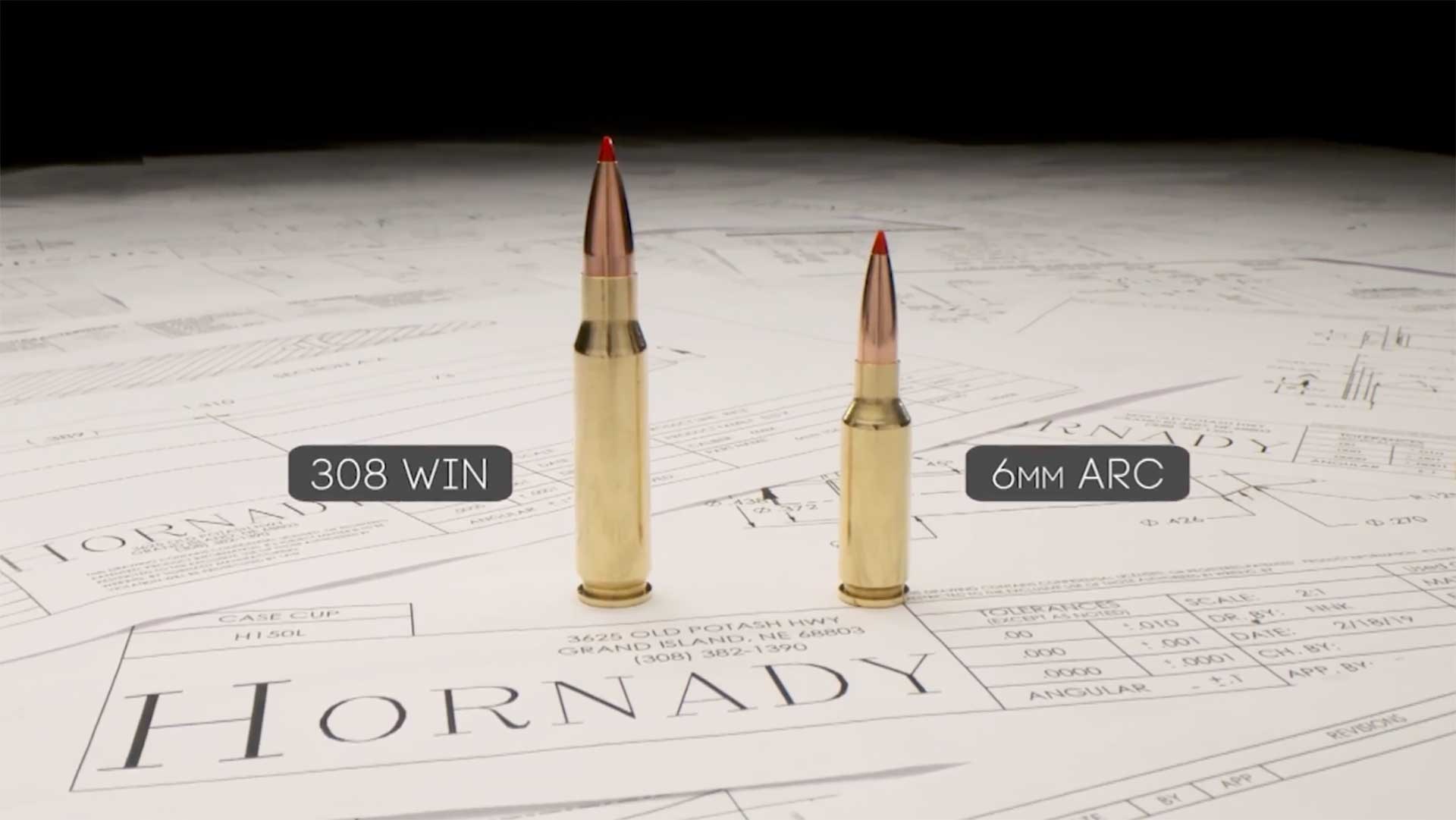 Hornady 6mm ARC shown on the right compared to the .308 Winchester shown at the left.