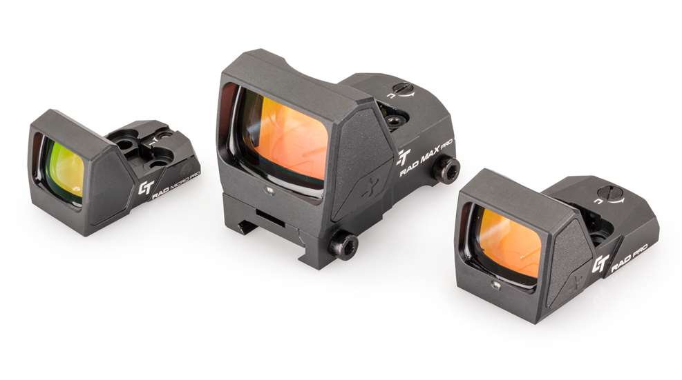 Crimson Trace RAD Pro Line three row arrangement of optics sights black metal housing