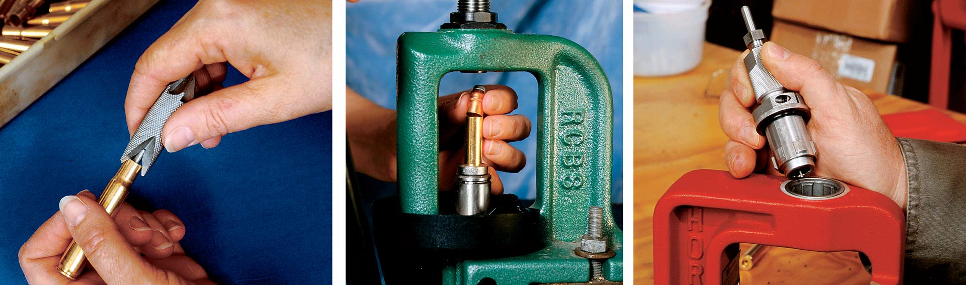 Handloading centerfire cartridges is all about taking the proper precautions, including all the necessary steps and being consistent in their application throughout each part of the process. Shown here l. to r: case-mouth deburring and chamfering; bullet seating with a single-stage press such as the author’s RCBS Rock Chucker and changing dies, as with Hornady’s Lock-N-Load system.