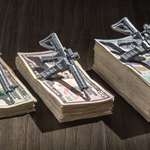 rifles on stacks of money